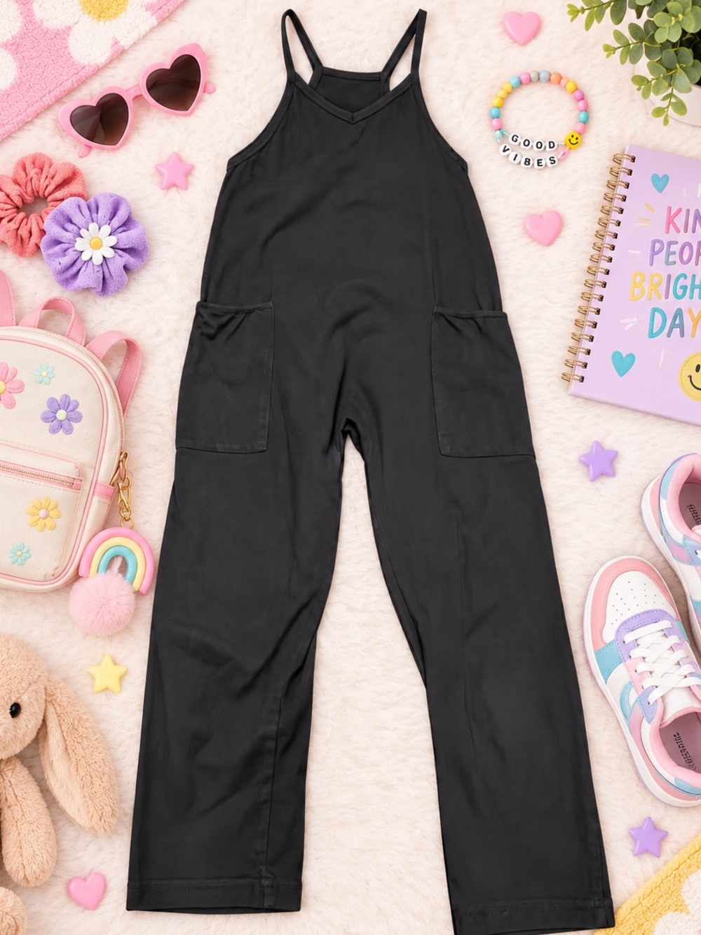 Girls Black Cargo Jumpsuit Romper Size 10/12 Spaghetti Strap Pockets